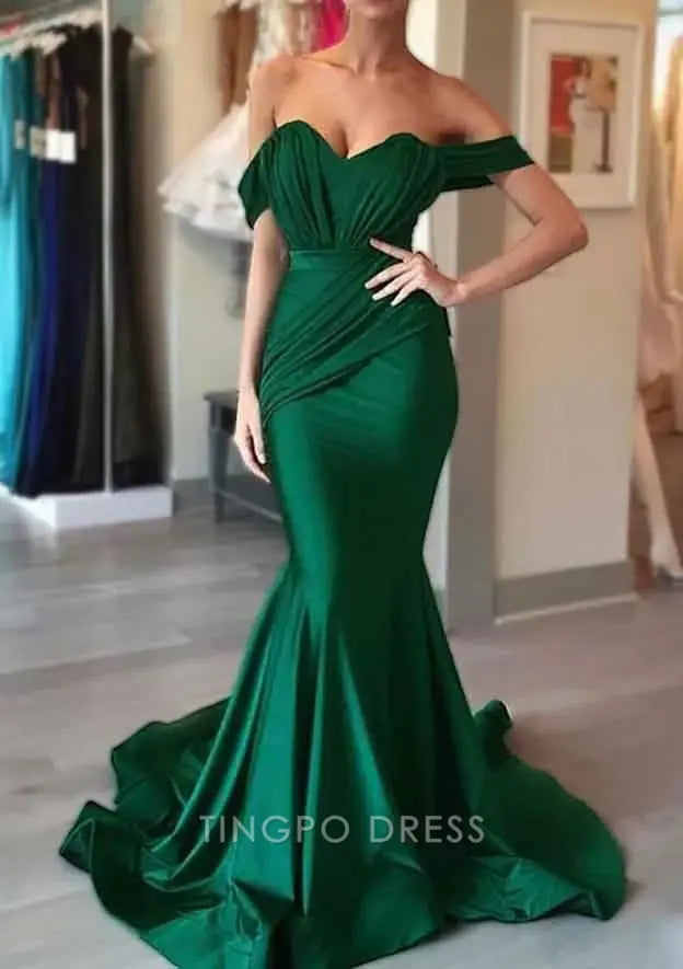 TingPo Wholesale Elegant Trumpet/Mermaid Off-the-Shoulder Jersey Prom Dress With Pleated
